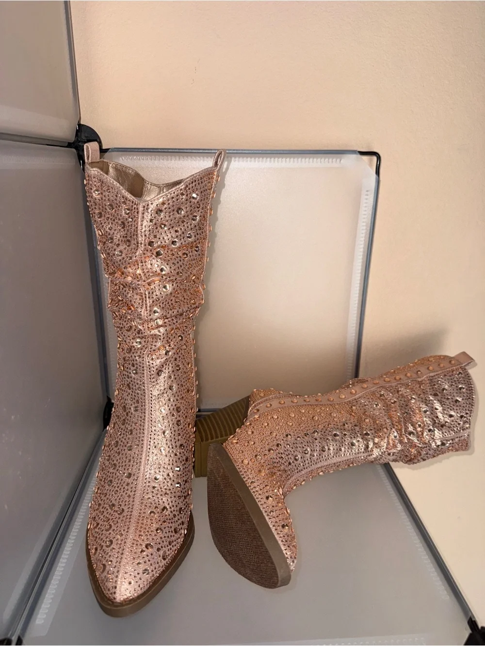Forever Women's Rose Gold Rhinestone Western Cowgirl Block Heel Boots Size 5.5